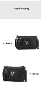 Black PU leather shoulder bag detail showing front and bevel view with metal V logo.
