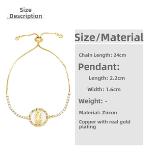 Detail view of 24cm gold adjustable bracelet with 2.2cm zircon Virgin Mary cross pendant