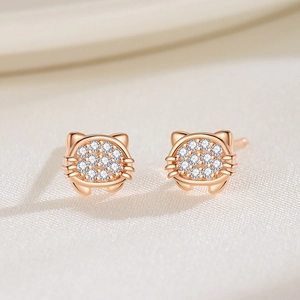 Elegant rose gold S925 sterling silver cat stud earrings with white zircon stones