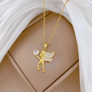 Luxury gold titanium steel necklace featuring a winged angel holding a crystal heart pendant