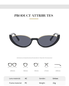 Detailed specs for black and gold half-frame cat-eye sunglasses with AC lens and PC frame
