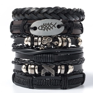 Retro multi-layer woven leather bracelet set with punk style skull and fishbone charms
