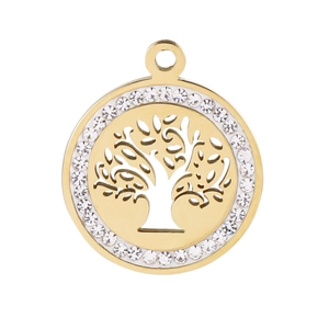 Detailed view of a gold round Tree of Life pendant with white crystal embellishments