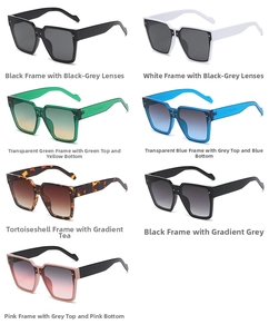 Detail view of square oversized sunglasses in seven stylish colors with golden rivet accents