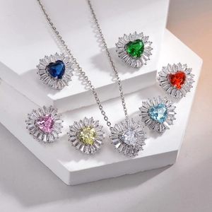 Fashion heart shaped zircon pendants in multiple colors with luxury silver plated chains
