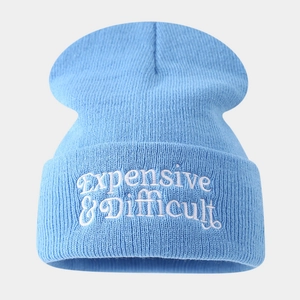 Close-up of Expensive & Difficult white embroidery on a light blue ribbed knit beanie