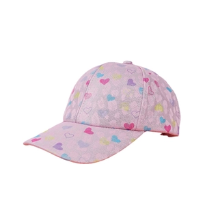 Pink kids baseball cap with glitter fabric, colorful hearts and leopard print details