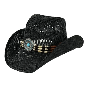 Chapeau de plage cowboy noir tressé avec bandeau ethnique et maille ajourée chic