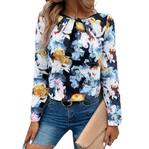 Women casual long sleeve shirt with vintage floral print pattern on a dark background