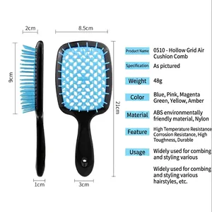 Hollow-out grid massage hair brush with size dimensions for professional hair styling