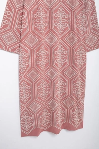 Detailed view of intricate white geometric embroidery on a pink textured fabric coat