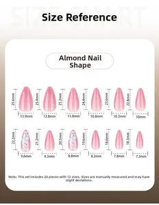 Detailed size chart for almond shape press-on nails with width and length dimensions