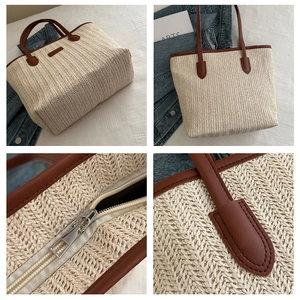 Close-up of woven straw tote bag featuring brown PU leather trim and gold zipper details
