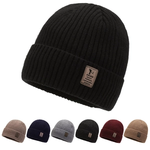 Beanie Hat Knitted Ribbed Acrylic Warm Plush Lined Outdoor Winter Cuffed With Leather Patch For Men And Women