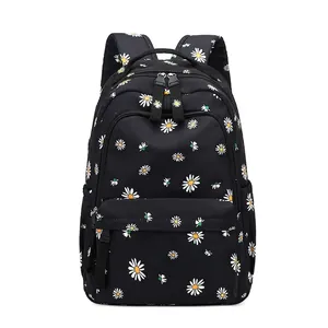 Lightweight black school backpack with yellow and white daisy print for teenage girls