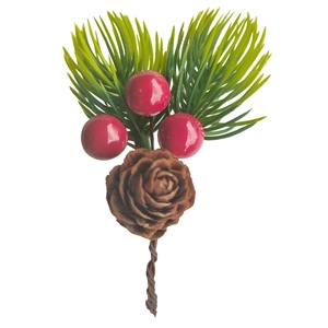 Christmas pine needle pick with red berries and natural pine cone for festive decor