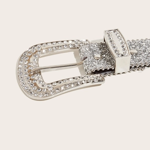 Close-up of silver rhinestone belt with Western style buckle and metallic bead edges