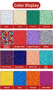 Macro view of 16 color glass seed beads for DIY jewelry making in a grid layout