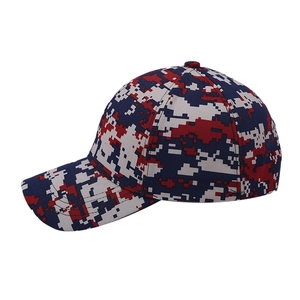 Close-up of digital camo baseball cap with red, blue and grey pixelated patterns