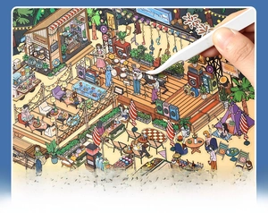 Detailed view of using tweezers to apply 2.5D music festival scenery stickers on a journal