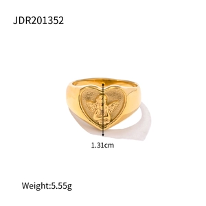 Detail view of gold heart ring with angel relief featuring 1.31cm height and 5.55g weight