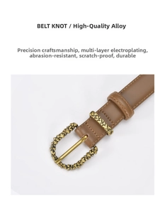 Detailed close-up of brown leather belt with vintage floral engraved gold alloy buckle