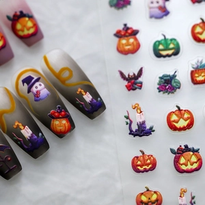 5D embossed Halloween nail art stickers featuring pumpkins, ghosts and bats patterns