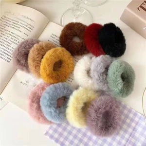 Set of 11 colorful faux fur hair scrunchies with soft fluffy texture for women hair styling
