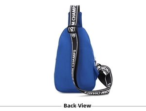 Rear view of royal blue children's chest bag with printed adjustable shoulder strap