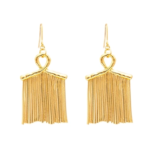 Golden minimalist metal tassel drop earrings with stylish knot detail on white background