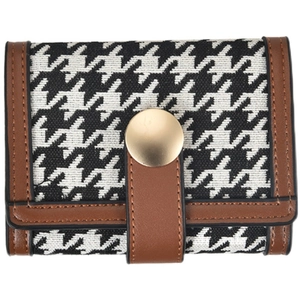 Classic houndstooth short folding wallet with brown leather trim and golden snap button