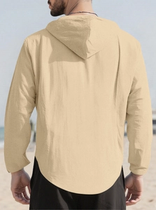 Back view of a beige hooded long-sleeve cotton shirt with breathable linen texture