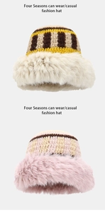 Détails de la maille d'un chapeau cloche coloré avec bordure en fausse fourrure douce