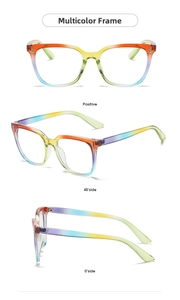 Three-angle views of square rainbow gradient eyeglasses frames with silver metal rivets