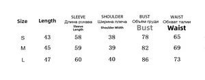 Detailed size chart with measurements for the knit cardigan including bust and waist length
