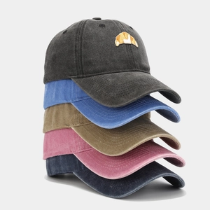 Baseball Cap Washed Cotton Croissant Embroidery Sun Protection Outdoor Retro Adjustable Hat