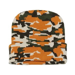 Detail of pixel camouflage knit beanie in orange and green with wide folded cuff
