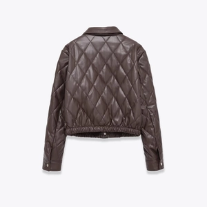 Deep brown quilted PU leather jacket with diamond pattern and turn-down collar, back view