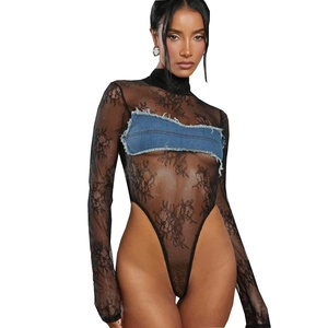 Body sexy pour femme en dentelle transparente avec patchwork en jean et col montant chic