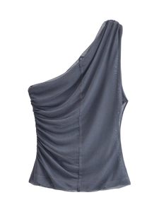 Detail of grey one-shoulder sheer mesh top featuring intricate side ruching texture