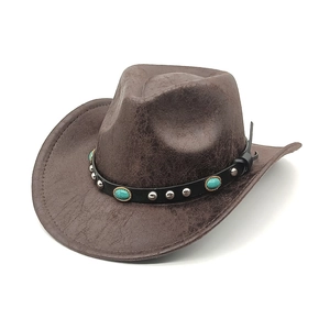 Vintage dark brown faux leather cowboy hat with turquoise stone and silver studs trim