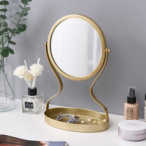 Desktop Makeup Mirror With Jewelry Storage Tray Iron Metal Round Vanity Mirror 360 Rotating For Bedroom Dormitory Nordic Style