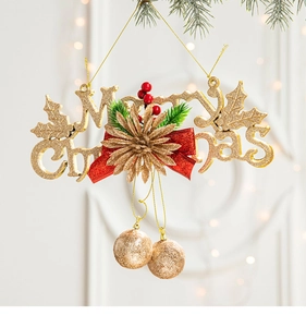 Golden Merry Christmas sign with red bow, pine needles and glitter hanging balls decoration