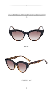 Front and 45-degree side views of black cat-eye sunglasses with gradient brown lenses