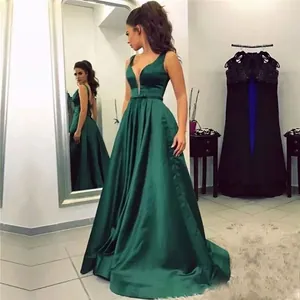 Elegant Satin Evening Gown Sleeveless Deep V Neck High Waist A Line Maxi Dress For Women Formal Party Prom