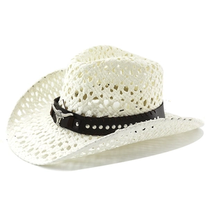 White hollow-out western straw cowboy hat with leather rivet band and bull head buckle