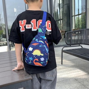 Kids navy blue chest bag with colorful dinosaur prints and adjustable strap for boys