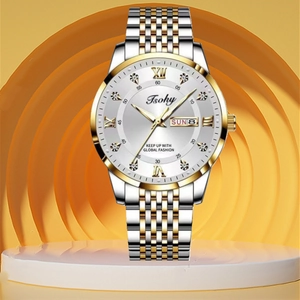 Detail of two-tone stainless steel watch dial with Roman numerals and day-date display