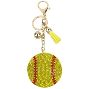 Baseball keychain with yellow and red rhinestones, gold clasp and leather tassel