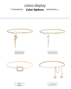 Four gold metal waist chains featuring fox, koi, and rhinestone charms for dresses